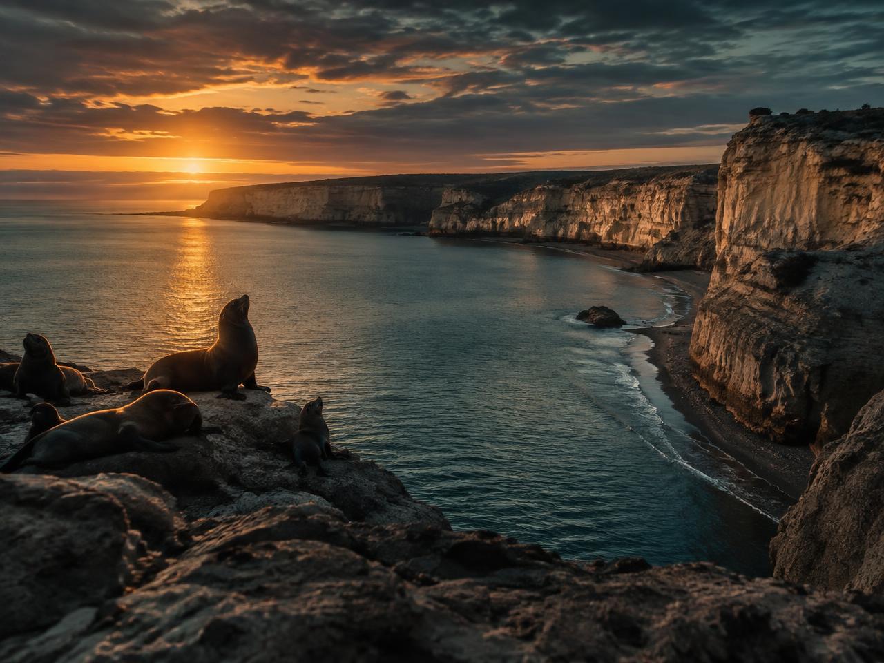 Costa de Puerto Madryn al atardecer con lobos marinos